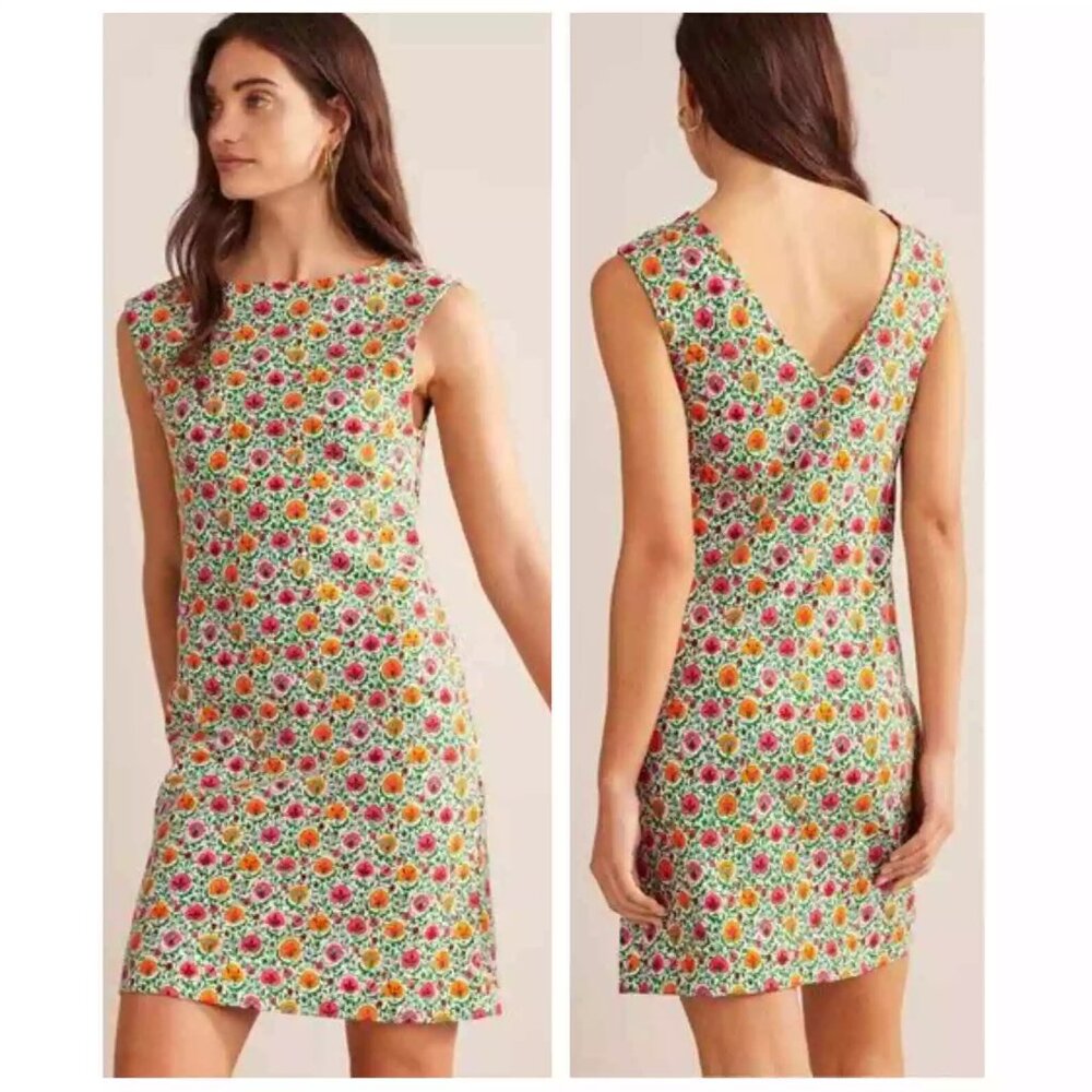 Boden Womens Cotton Jersey Shift Dress White Green Floral Back V